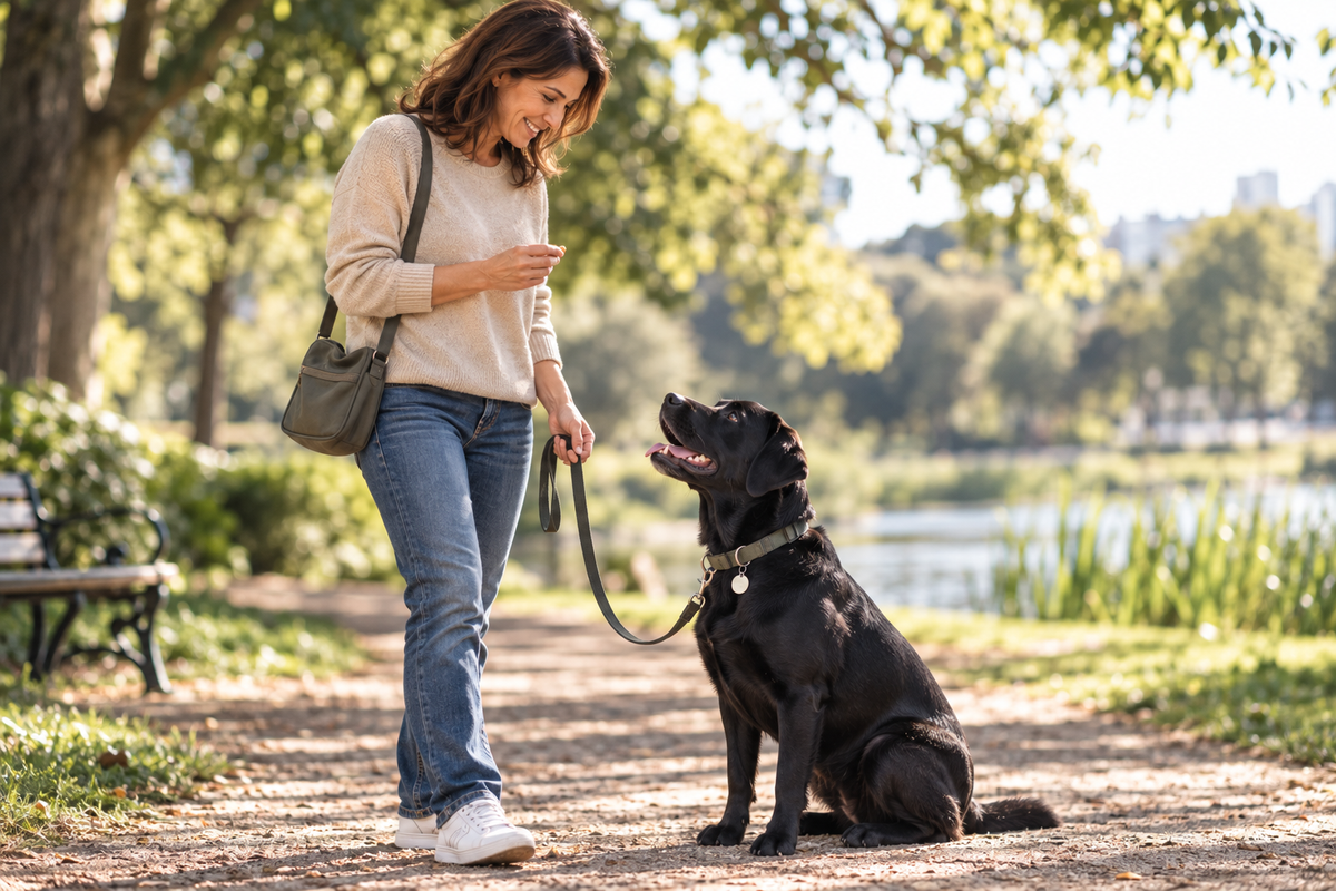 Persona practicando con su perro durante un paseo